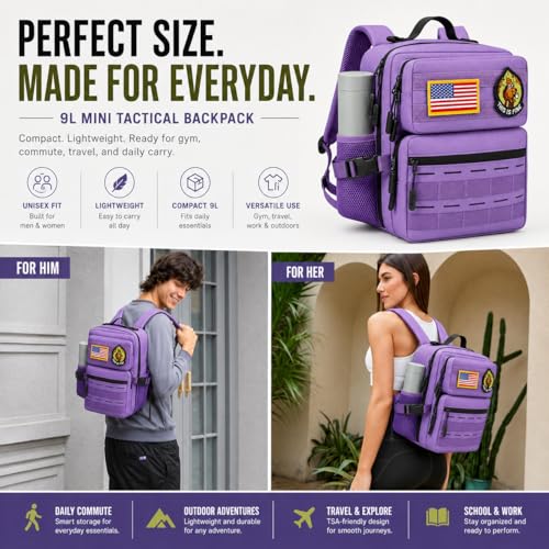 9L Mini Tactical Backpack, Small Hiking Travel Pack for Men, Purple - color: Purple