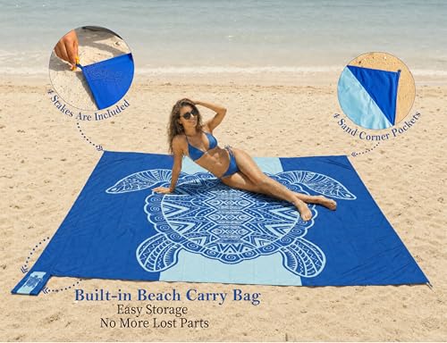 Beach Blanket Waterproof Sandproof with Stakes,Sand Pockets and Carry bag - color: Blue Seaturtle