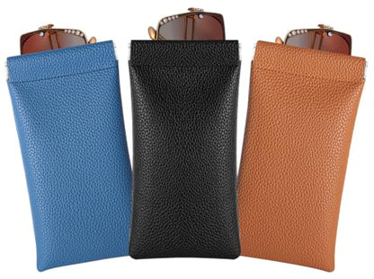 RayLove 3 Pack Leather Eyeglasses Cases PU Soft Sunglasses Pouch Squeeze Top Portable Glasses Cases for Men Women