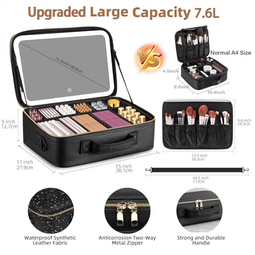 15“×11“Professional Makeup Train Case,Large Waterproof Travel Makeup bag with Mirror and Light, Leather Black Make up Bag with Mirror and Light,Led Makeup Case with Adjustable Dividers - color: Black, style: Non-removable