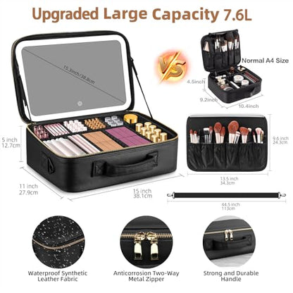 15“×11“Professional Makeup Train Case,Large Waterproof Travel Makeup bag with Mirror and Light, Leather Black Make up Bag with Mirror and Light,Led Makeup Case with Adjustable Dividers - color: Black, style: Non-removable