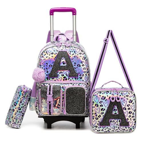 Meetbelify 3 in 1 Backpack with Wheels for Girls Rolling Letter Backpack Cute Carry on Backpack Kids Luggage with Lunch Box Pencil Case for Elementary Student - color: Purple Leapoard