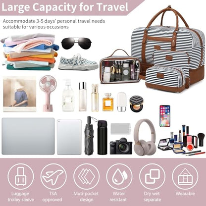 4PCS Weekender Bags for Women Large Overnight Weekend Travel Duffel Bags - color: Blue White Stripe