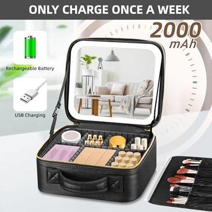 Travel Makeup Bag with Mirror of LED Lighted, Makeup Train Case with Adjustable Dividers, Makeup Case with Mirror and Detachable 10x Magnifying Mirror - color: Black