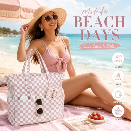LEDAOU Large Beach Bag for Women, Waterproof Sandproof Tote Bag with Zipper - color: Lavender