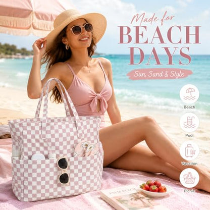 LEDAOU Large Beach Bag for Women, Waterproof Sandproof Tote Bag with Zipper - color: Lavender
