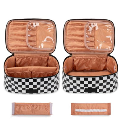 Wrangler Travel Makeup Bag 2pcs Set Cosmetic Bag with Makeup Brush Holder - color: Checkered-Black