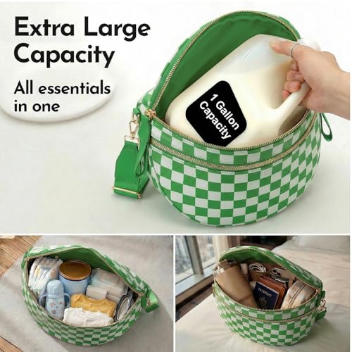 Checkerboard Crossbody Bag for Women, Expandable Plaid Belt Bag Nylon Fanny Pack with Multiple Pockets - color: Kelly Green Checkered