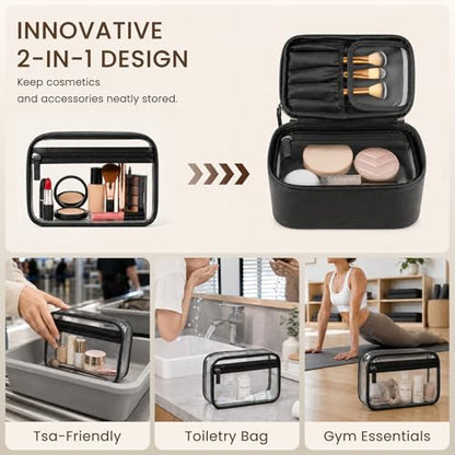 Prite 2 Pcs Makeup Bag Set Travel Cosmetic Case with Clear Toiletry Bag - color: Black