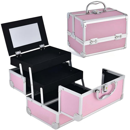 Aluminum Makeup Case with Mirror & Lock, 3‑Tray Cosmetic Organizer, Pink