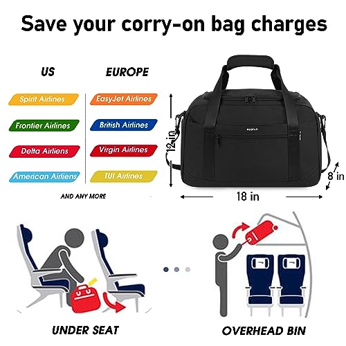 ECOHUB For Spirit Airlines Personal Item Bag 18x14x8 Travel Duffel Bags with Laptop Compartment & Shoe Bag Underseat Carry on Handbag with Wet Pocket, 30L (Black) - size: 18 inch underseat