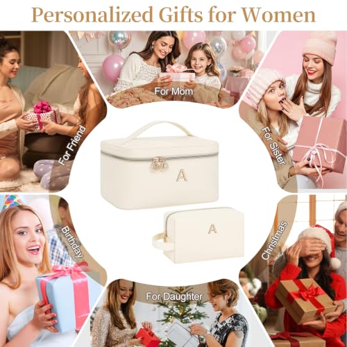 Women Daily Use & Travel Personalized Makeup Bag with Metal Letter Patch G | Women Large Travel Custom Initial Makeup Bag, Cosmetic Organizer Spacious PU Leather Toiletry Case with Handle & Divider - size: G