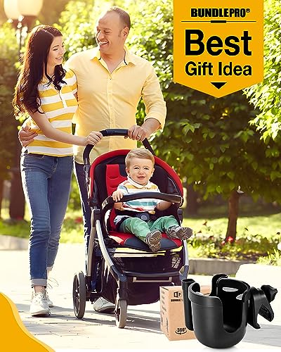 BUNDLEPRO Stroller Cup Holder with Phone Holder, 2-in-1, Black - color: BLACK
