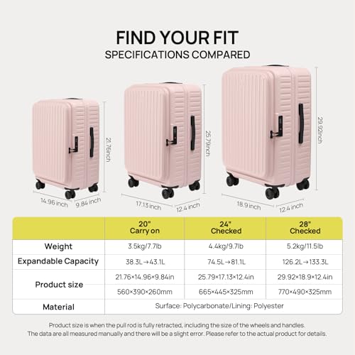 NINETYGO Top Opening Checked Luggage, Lightweight Medium Suitcase, ALPS - color: 03-Light Pink, size: Checked 24-Inch