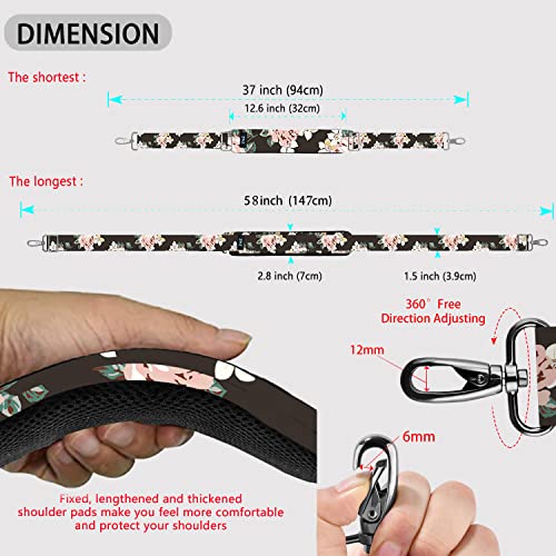 Shoulder Strap 58" Ultra-Thick Fixed Padded and Adjustable Buckles Crossbody Strap for Briefcase Laptop Bag Luggage - color: Black Rose