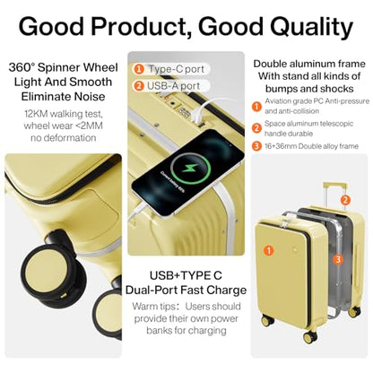 mixi Large Checked Luggage with Cup Phone Holder and Charger Hard Shell Suitcases with Spinner Wheels, 26 Inch Lark Yellow - color: Lark yellow, size: 26-inch