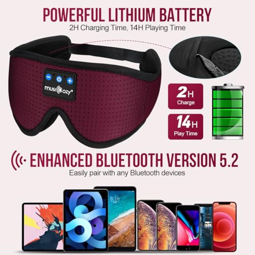 MUSICOZY 3D Sleep Headphones Bluetooth 5.4 Breathable Sleep Eye Mask - color: Maroon Red