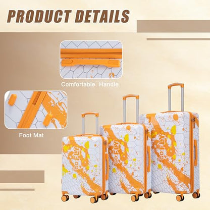 3 Piece Hardside PC Luggage Set, 20/24/28 Inch Travel Suitcases, Printed Pattern Carry On Luggage, Silent Spinner Wheels & Secure Combination Lock, Orange - color: Organge