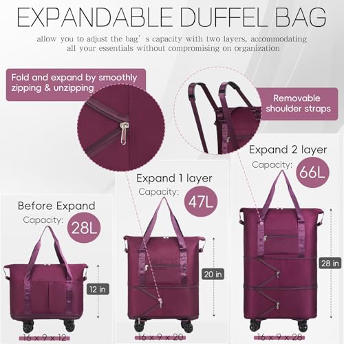 Duffel Bag with Wheels - Rolling Foldable Expandable Duffle Bag with Wheel for Travel, Rolling Luggage Bag Carry On Travel Bag with Wheels, Large Wheeled Overnight Weekender Bags (Deep Purple) - color: Deep Purple