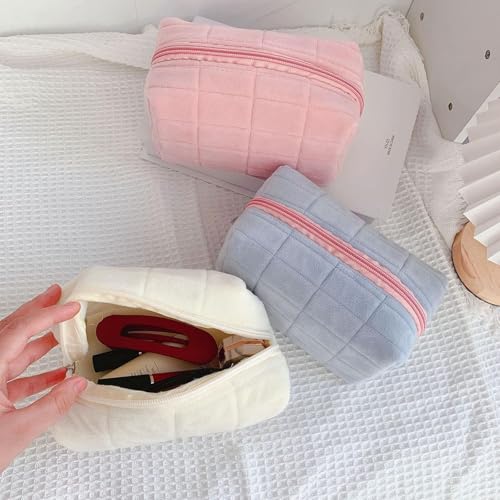 2PCS Makeup Cosmetic Bag Small Checkered Pouch Make Up Purse Bag Y2k Accessories - color: Pink White