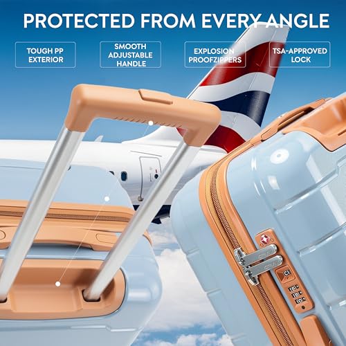 5-Piece Luggage Set Expandable Hardside Polypropylene Suitcase Set with TSA Locks & 8 Silent Spinner Wheels Lightweight Nested Suitcases Travel Set American Airline-Approved Carry-On - Blue/Tan - color: Blue/Tan, size: 5-Piece Set
