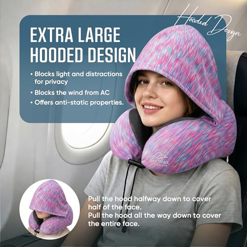 SkytraxComf® Travel Neck Pillow with Hood for Privacy on Long Flights - color: Colorful