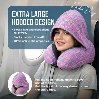 SkytraxComf® Travel Neck Pillow with Hood for Privacy on Long Flights - color: Colorful