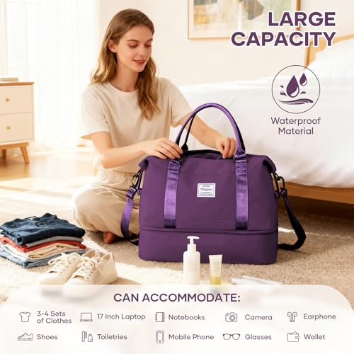 Travel Duffel Weekender Bag Women Tote Carry On Bags With Shoe Compartment - color: E20-DeepPurple, size: Large