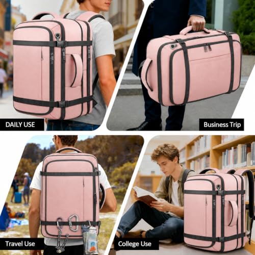 Expandable 1-7 DAYS Travel Backpack Anti Theft Water Resistant - color: Pink, size: 18.4inch - 23.2"x14.9"x9.4"(+3.5")