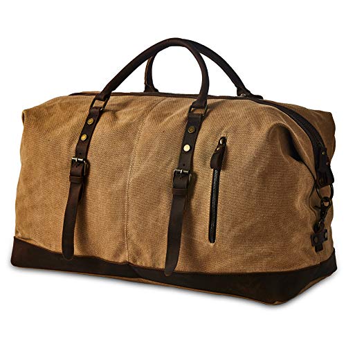 Oversized Washed Canvas Duffel Bag for Men | Large canvas weekender for men with genuine leather trim, adjustable strap and roomy storage for overnight and road trips - color: Brown