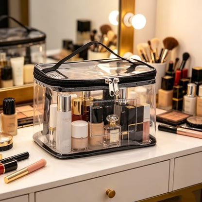 Clear PVC Travel Toiletry Bag, Waterproof Transparent Cosmetic Makeup Organizer with Handle & Zipper, TSA Approved Carry Pouch for Bathroom, Travel, Gym, Shower & Storage