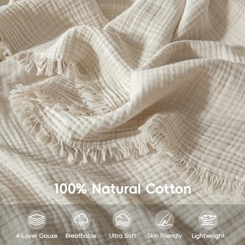 Muslin Fringe Blankets for Adults: 100% Cotton Cloud Soft Super King - color: Beige, size: Super King (108" × 98")