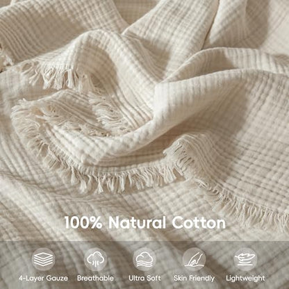 Muslin Fringe Blankets for Adults: 100% Cotton Cloud Soft Super King - color: Beige, size: Super King (108" × 98")
