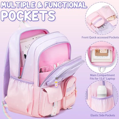Fimibuke Backpacks for Girls, 3 PCS Gradient Kids Bookbag Set for School - color: purple pink