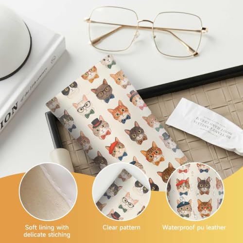 Soft Sunglasses Case for Women, PU Leather Squeeze Top Glasses Case - color: Cute Cats
