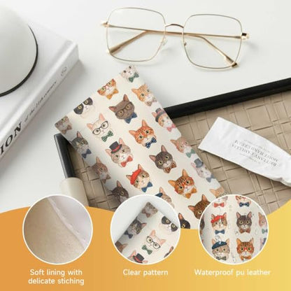 Soft Sunglasses Case for Women, PU Leather Squeeze Top Glasses Case - color: Cute Cats