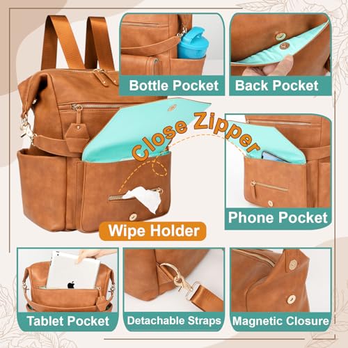 MOMINSIDE Diaper Bag Backpack Leather Convertible Baby Backpack Diaper Bag Hobo, Large Mom Baby Bag Hospital Bag,14 Pockets,Brown - color: Brown