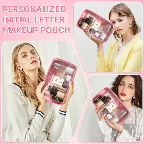 Initial Clear Makeup Bag, Birthday Gift Chenille Patch Cosmetic Bag - color: Pink, size: R