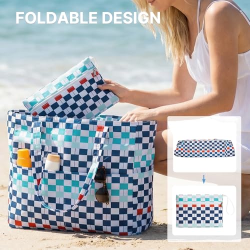 G4Free Large Beach Bag Waterproof Sandproof, Zipper Pool Tote for Women - color: Blue Red Checkered, size: 35L