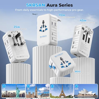 Aura 70W International Travel Adapter, 6-in-1 Universal Wall Charger - color: Arctic White, size: 70W