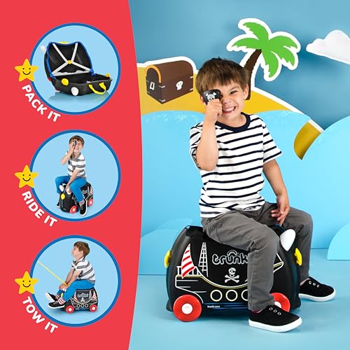Trunki Ride-On Kids Suitcase | Tow-Along Toddler Luggage | Carry-On Cute Bag with Wheels | Kids Luggage and Airplane Travel Essentials: Pedro Pirate Ship Black - color: Pedro Pirate (Black)