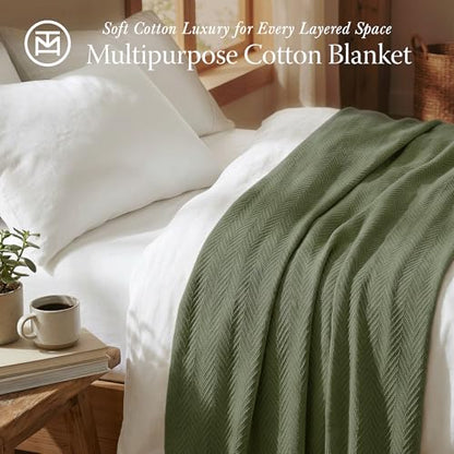 Threadmill Luxury 100% Cotton Queen Herringbone Blanket, Olive - color: Olive, size: Queen (90" x 92")