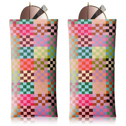 Soft Sunglasses Case for Women, PU Leather Squeeze Top Glasses Case - color: 8-colorful Checkered(2pcs)