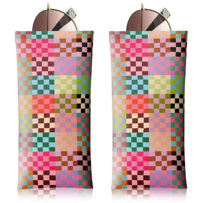Soft Sunglasses Case for Women, PU Leather Squeeze Top Glasses Case - color: 8-colorful Checkered(2pcs)