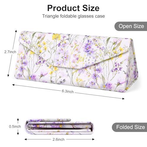Sunglasses Case, Foldable Glasses Case, Magnetic PU Leather Hard Shell Folding Eyeglass Holder Box - color: Purple Flowers