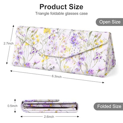 Sunglasses Case, Foldable Glasses Case, Magnetic PU Leather Hard Shell Folding Eyeglass Holder Box - color: Purple Flowers
