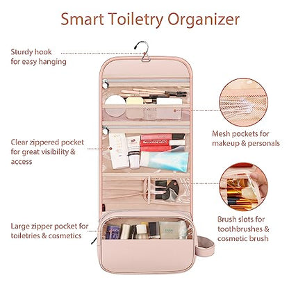 FINTIE Portable Toiletry Cosmetic Travel Bag Hanging Makeup Organizer - color: Pink