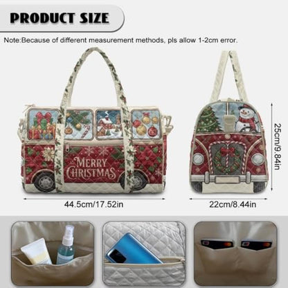 Youngerbaby Red Christmas Bus Quilted Weekender Duffle Bag for Women - color: Christmas Red Bus