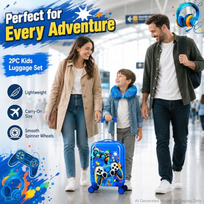Boys Suitcase, Lightweight Hardshell Spinner Kids Luggage Set 2PCS with Wheels - Airplane Approved Carry-On for Children Ages 3-10, Energetic Game Rolling Suitcases for Elementary Toddler Travel - color: Blue Fun Game Luggage 2PCS Set