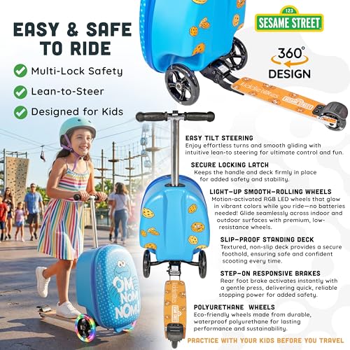 Kiddietotes Sesame Street Ride-On Scooter Suitcase, Foldable Carry-On - style: Cookie Monster